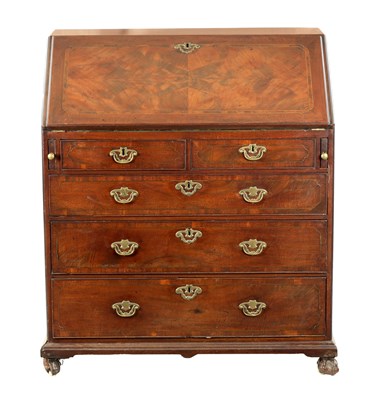 Lot 392 - AN IMPORTANT FINE GEORGE II BRASS INLAID FIGURED MAHOGANY BUREAU ATTRIBUTED TO JOHN CHANNON