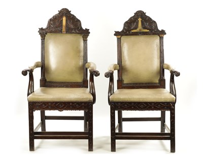 Lot 295 - AN IMPORTANT PAIR OF GEORGE III CHIPPENDALE MASONIC OVER-SIZED ARMCHAIRS