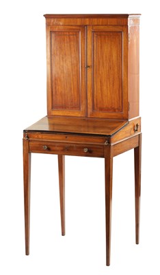 Lot 191 - A SMALL LATE 18TH CENTURY FIGURED ROSEWOOD AND TULIPWOOD BANDED BONHEUR DE JOUR