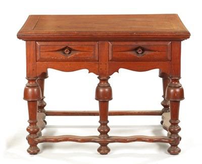 Lot 353 - AN UNUSUAL 18TH CENTURY COLONIAL PADOUK WOOD TWO DRAWER TABLE ON BALLUSTER LEGS WITH SHAPED STRETCHERS
