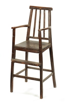 Lot 165 - A PRIMITIVE 18TH CENTURY CHILDS FRUITWOOD SPLAT BACK HIGH CHAIR