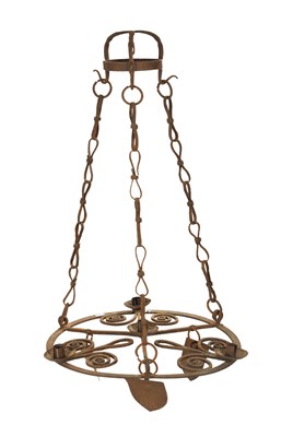 Lot 144 - AN ARTS AND CRAFTS MEDIEVAL STYLE WROUGHT IRON HANGING CHANDELIER