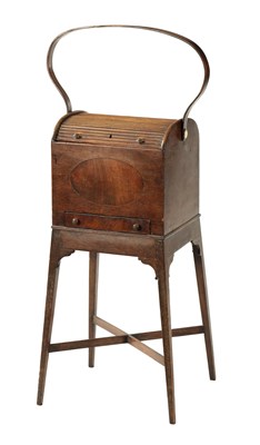 Lot 214 - A REGENCY MAHOGANY TAMBOUR TOP SEWING BOX ON STAND