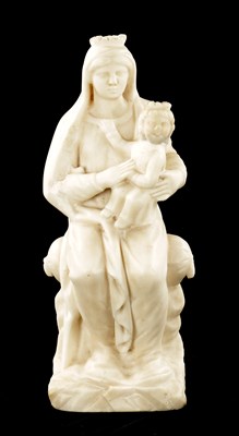 Lot 125 - A 17TH CENTURY CARVED WHITE MARBLE SCULPTURE OF MADONNA AND CHILD