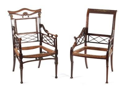 Lot 85 - TWO SIMILAR 19TH CENTURY EMPIRE STYLE ORMOLU MOUNTED MAHOGANY ARMCHAIRS