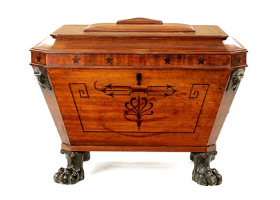 Lot 159 - A FINE REGENCY MAHOGANY EGYPTIANESQUE SARCOPHAGUS SHAPED CELLARETTE IN THE MANNER OF THOMAS HOPE