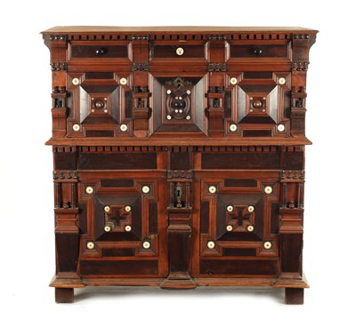 Lot 110 - A 17TH CENTURY TWO PART MOULDED FRONT YEW-WOOD, WALNUT  AND EBONY CHEST OF DRAWERS