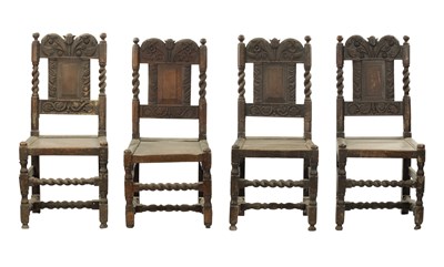 Lot 285 - A RARE SET OF FOUR 17TH CENTURY CARVED OAK SIDE CHAIRS