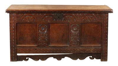 Lot 109 - A LATE 17TH CENTURY CARVED OAK THREE PANELLED COFFER