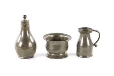 Lot 31 - THREE PIECES OF 18TH CENTURY PEWTER WARE COMPRISING A WIG POWDER, A MINIATURE TANKARD  AND SALT