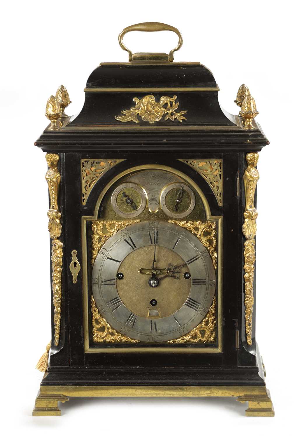 Lot 1212 - STEPHEN RIMBAULT, LONDON. A GEORGE III EBONISED QUARTER CHIMING VERGE BRACKET CLOCK