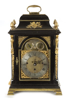 Lot 1212 - STEPHEN RIMBAULT, LONDON. A GEORGE III EBONISED QUARTER CHIMING VERGE BRACKET CLOCK