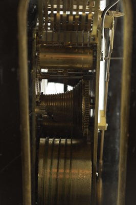 Lot 1212 - STEPHEN RIMBAULT, LONDON. A GEORGE III EBONISED QUARTER CHIMING VERGE BRACKET CLOCK
