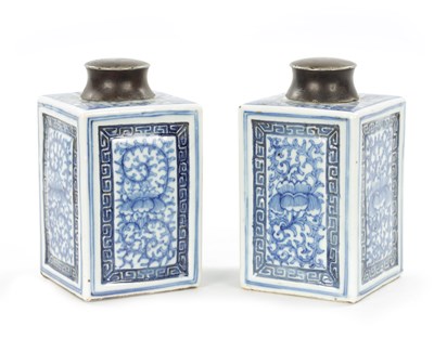 Lot 579 - A PAIR OF 19TH CENTURY CHINESE BLUE AND WHITE PORCELAIN TEA CADDIES
