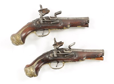 Lot 798 - A PAIR OF 18TH CENTURY BRASS MOUNTED SPANISH FLINTLOCK PISTOLS