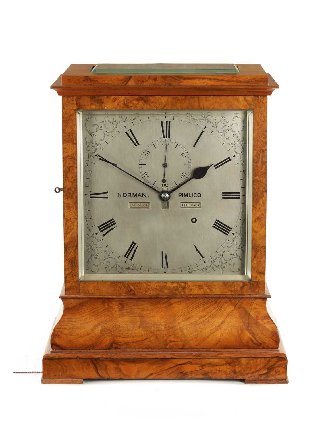Lot 1244 - NORMAN, PIMLICO. A LARGE MID 19TH CENTURY BURR WALNUT CASED MONTH DURATION TABLE REGULATOR CLOCK