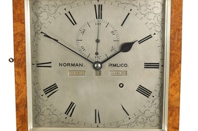 Lot 1244 - NORMAN, PIMLICO. A LARGE MID 19TH CENTURY BURR WALNUT CASED MONTH DURATION TABLE REGULATOR CLOCK
