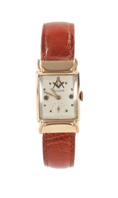 Lot 630 - A 1940’S ROLLED GOLD BULOVA MASONIC WRISTWATCH