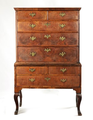 Lot 1446 - AN 18TH CENTURY FIGURED WALNUT CHEST ON STAND