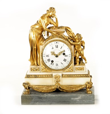 Lot 1305 - CHARLES LEROY, A PARIS. A FRENCH LOUIS XVI ORMOLU AND MARBLE FIGURAL MANTEL CLOCK