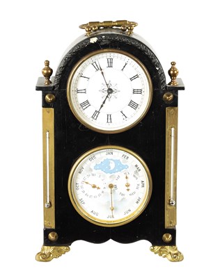Lot 1277 - A LATE 19TH CENTURY FRENCH EBONY VENEERED MANTEL CLOCK WITH YEAR CALENDAR