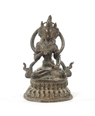 Lot 568 - A 19TH CENTURY INDIAN TIBETAN BRONZE FIGURE OF A SEATED BUDDHA