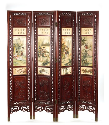 Lot 599 - AN EARLY 20TH CENTURY CHINESE FOUR-SECTION FOLDING SCREEN