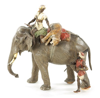 Lot 1010 - FRANZ BERGMAN (1838 - 1894) A LARGE LATE 19TH CENTURY COLD-PAINTED BRONZE SCULPTURE 'THE TIGER HUNT'