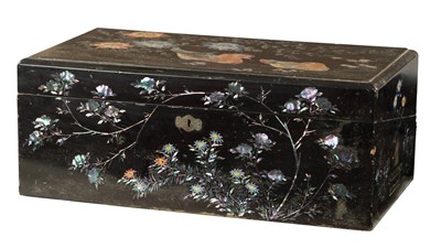 Lot 510 - A 19TH CENTURY EBONY AND MOTHER OF PEARL INLAID WRITING SLOPE