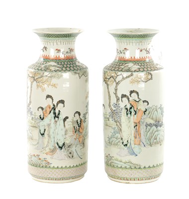 Lot 536 - A PAIR OF CHINESE REPUBLIC FAMILLE VERTE CYLINDRICAL VASES