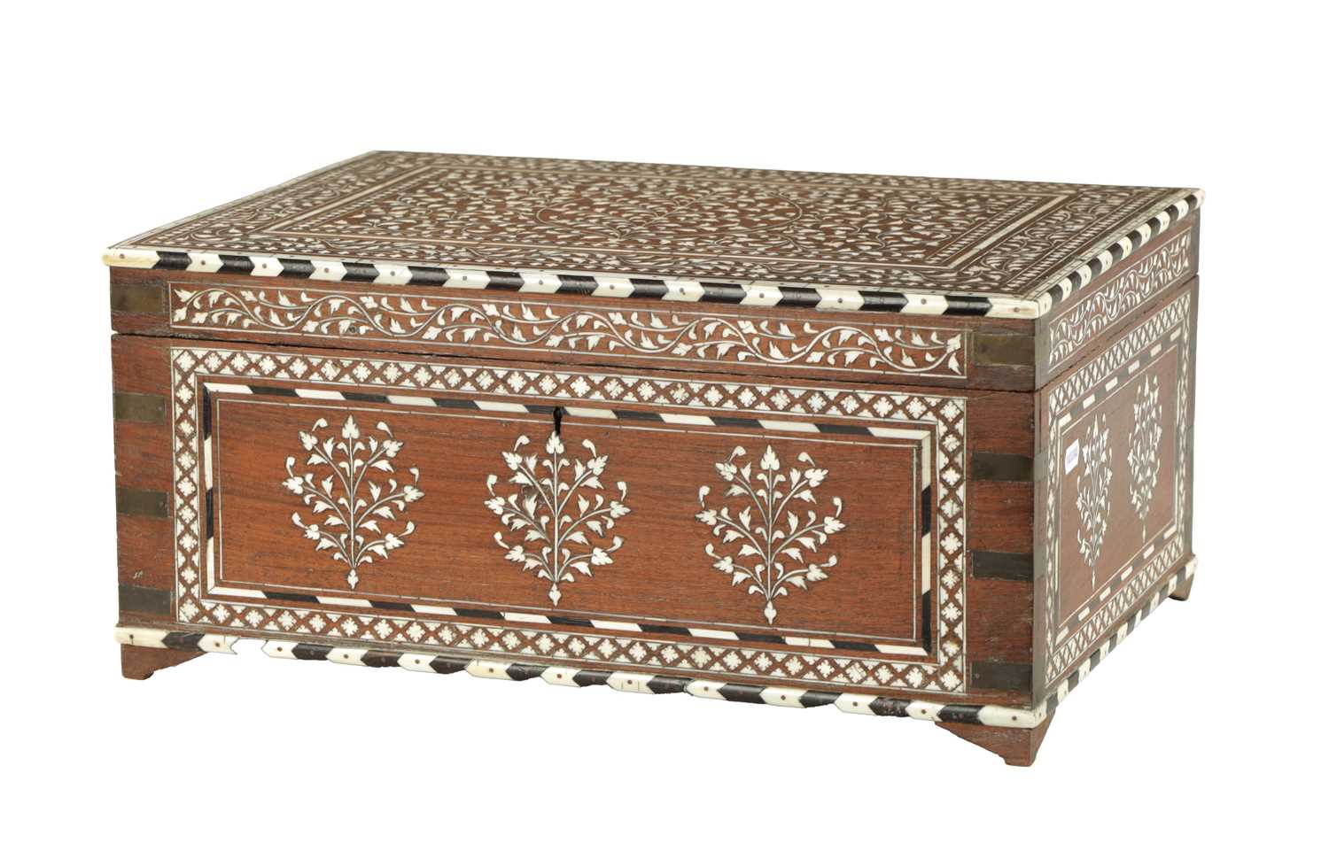 Lot 493 - A LARGE LATE 19TH CENTURY ANGLO-INDIAN IVORY AND EBONY INLAID WORKBOX