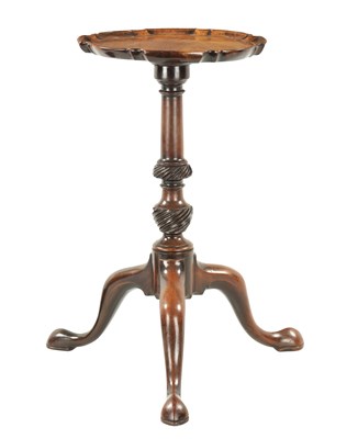 Lot 1379 - A GEORGE III FIGURED MAHOGANY CANDLE STAND