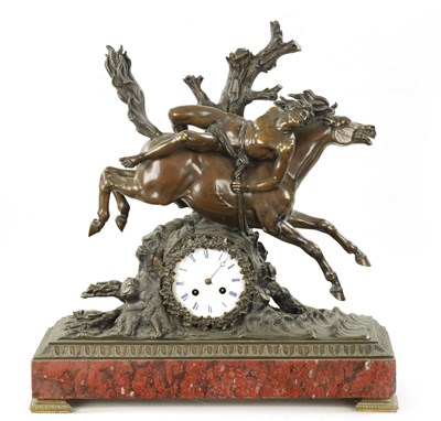 Lot 1209 - A LARGE LATE 19TH CENTURY FRENCH BRONZE AND ROUGE MARBLE MANTEL CLOCK