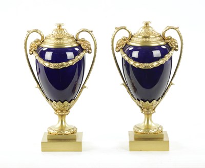 Lot 968 - A PAIR OF REGENCY ORMOLU AND PORCELAIN CASSOLETTES IN THE MANNER OF MATTHEW BOLTON