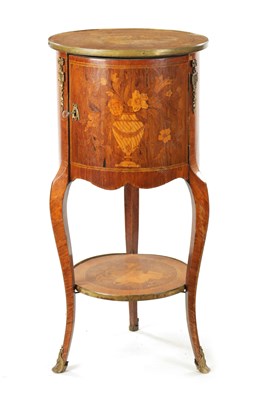 Lot 1503 - A 19TH CENTURY FRENCH WALNUT MARQUETRY CIRCULAR BEDSIDE CABINET