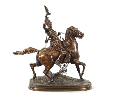 Lot 669 - AFTER P. J. MENE. A 19TH CENTURY PATINATED BRONZE SCULPTURE OF AN ARABIAN MAN ON HORSEBACK