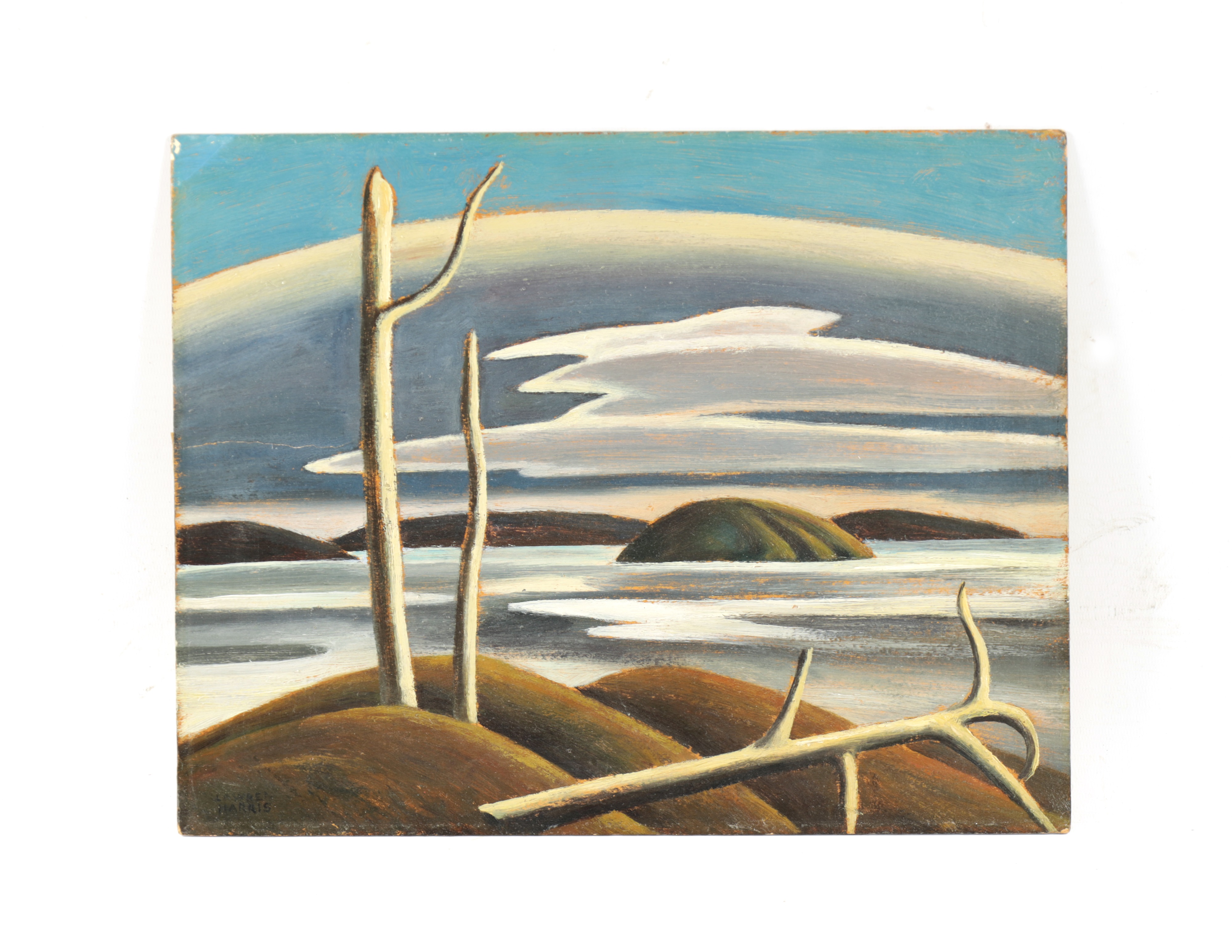 Attributed Lawren Stewart Harris Canadian landscape oil on beaverboard sold by Hutchinson Scott