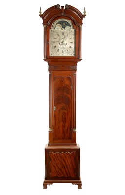 Lot 1353 - ISAAC SHARRATT, BURSLEM. A GEORGE III FIGURED MAHOGANY LONGCASE CLOCK
