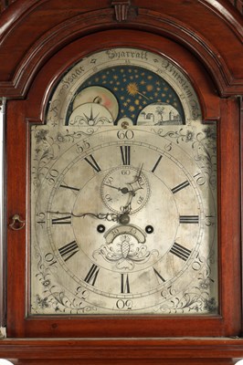 Lot 1473 - ISAAC SHARRATT, BURSLEM. A GEORGE III FIGURED MAHOGANY LONGCASE CLOCK