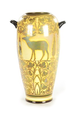 Lot 86 - AN EARLY 20TH CENTURY PILKINGTON'S ROYAL LANCASTRIAN LUSTRE TWIN HANDLED VASE BY JESSIE JONES