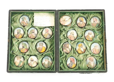 Lot 276 - A CASE GROUP OF NINETEEN PAINTED IVORY MINIATURE PORTRAITS OF THE INDIAN MAHARAJA OF PUNJAB