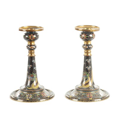 Lot 137 - A PAIR OF EARLY 20TH CENTURY CHINESE CLOISONNE CANDLESTICKS