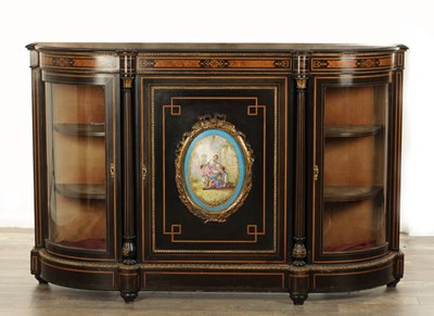Lot 1351 - A 19TH CENTURY FRENCH ORMOLU MOUNTED AND EBONISED CREDENZA