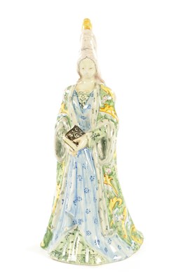 Lot 36 - A 19TH CENTURY ITALIAN FAIENCE POTTERY TABLE BELL OF A MEDIEVAL LADY