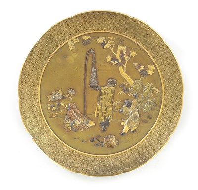 Lot 197 - A JAPANESE MEIJI PERIOD CIRCULAR BRONZE AND MIXED METAL INLAID PLATE