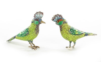 Lot 220 - A PAIR OF 19TH CENTURY CHINESE SILVER AND COLOURED ENAMEL BIRDS