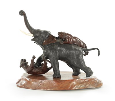 Lot 227 - A JAPANESE MEIJI PERIOD BRONZE SCULPTURE OF AN ELEPHANT WITH TIGERS