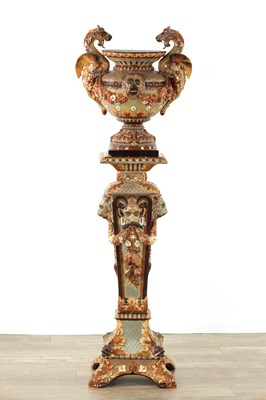 Lot 74 - A 19TH CENTURY CONTINENTAL MAJOLICA JARDINIERE ON STAND BY WILHELM SCHILLER & SONS