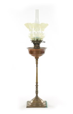 Lot 841 - AN ARTS AND CRAFTS COPPER AND BRASS OIL LAMP STAMPED BENSON