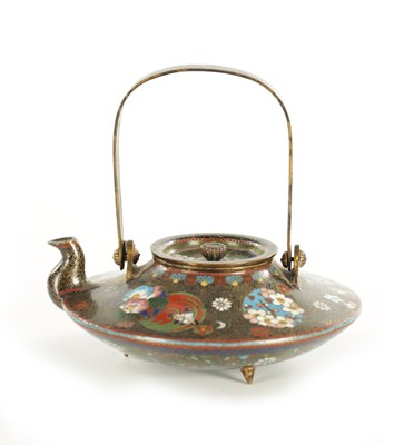 Lot 218 - A LATE 19TH CENTURY JAPANESE CLOISONNE ENAMEL SHALLOW TEA KETTLE
